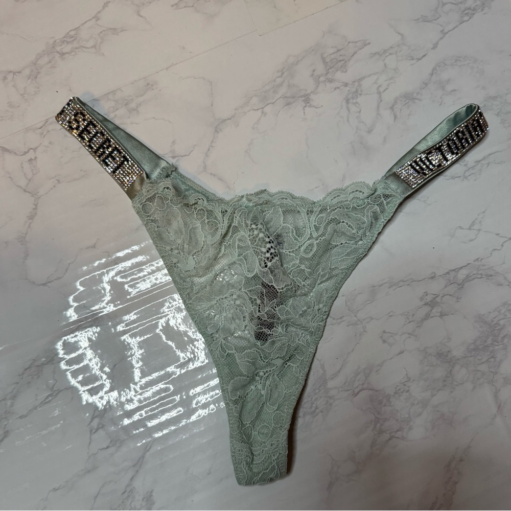 Victoria’s Secret Light Blue Lace Thong With Rhinestone Details, M
